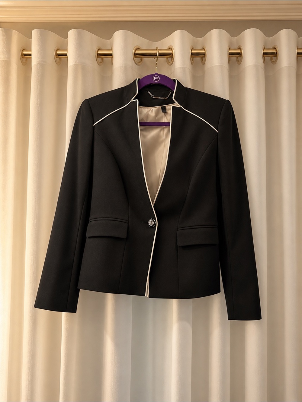 Womens Black Blazer with White Piping - Classic Tailored Jacket
